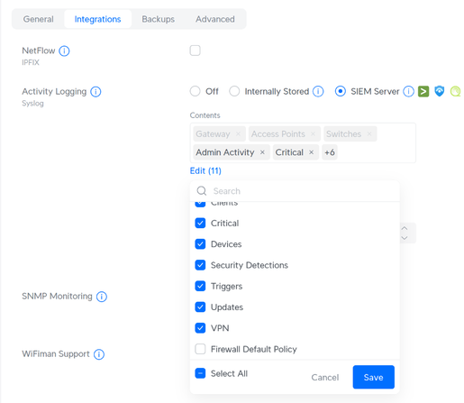 Screenshot der SIEM Konfiguration einer Unifi Dream Machine Pro. Die Option "Firewall Default Policy" ist deaktiviert.