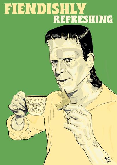 illustration that imagines an advert for a fictional tea company features boris karloff (as frankenstein's creature) enjoying a delicate cup of tea.
colours are moss green & deep cream.