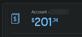 A screenshot showing billing information. The account number is blurred but the amount owing shows as $201.74