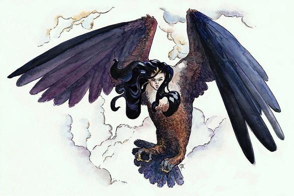 dark syren flying, illustration in ink and watercolor