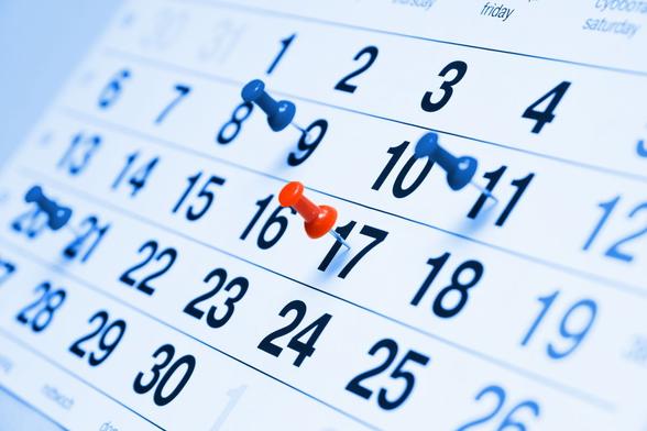 An illustration of a monthly view in a calendar, with pins in various dates.  Taken from the onecalendar.nl website!