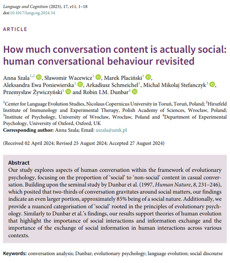 The first page of a journal article entitled: "How much conversation content is actually social: human conversational behaviour revisited" with the abstract, the authors, and their affiliations enlisted.