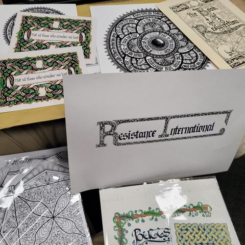 Welsh Pixie's amazing caligraphy, including new Resistance International logo