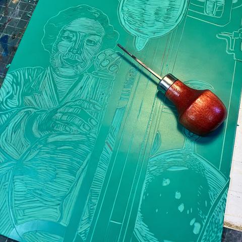 Partially carved green vinyl linocut portrait of young Japanese woman geochemist Katsuko Saruhashi facing the viewer in a lab coat adjusting a round bottomed flask with other posts and array of chemical glassware in the foreground. There is a fine u-gauge with wood handle on top.