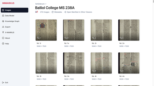 Screenshot of the IMMARKUS interface: image gallery, showing a grid overview of the images in an example IIIF manifest.