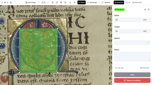 Screenshot of the IMMARKUS interface: annotation interface, showing a detail annotation in an example IIIF image of a manuscript scan.