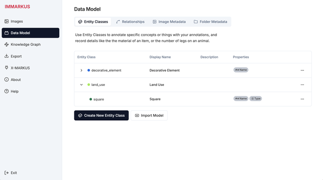 Screenshot of the IMMARKUS interface: image gallery, showing the data model editing page.