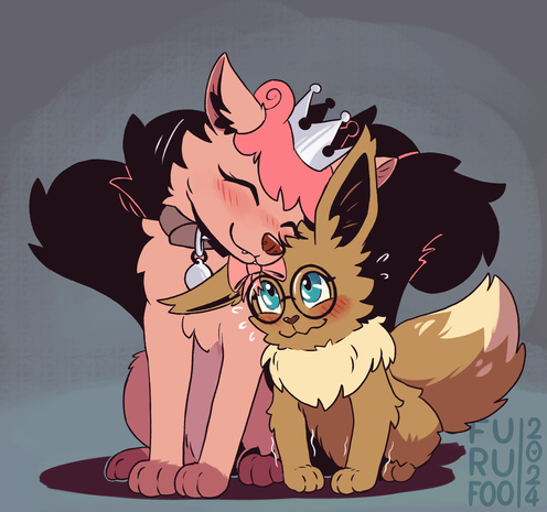 A Vulpix wearing a silver crown and a collar nuzzles a smaller Eevee wearing glasses and a pink bow on their ear. The Eevee visibly struggles to support their partner's head