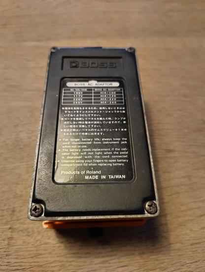 Photo of the bottom plate of a Boss DS-1. Made in Taiwan but if it's an early version it could still be one of the better sounding versions.