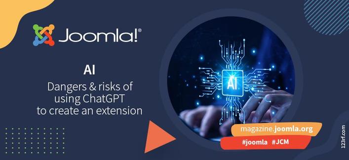 Graphic for post. Joomla logo, stock photo with AI on it. Text as title of post.