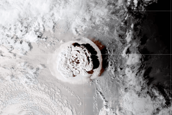 A satellite image of the Tonga eruption from January 2022.