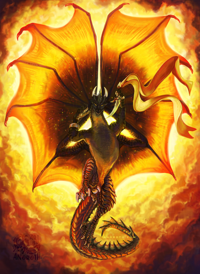 A black and yellow dragon is flying up into the sky and covering sun with its open wings, creating a solar eclipse effect due to its spacial markings on wings. The dragon is a nightwing and sandwing hybrid inspired by Wings of Fire book series