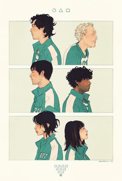 Squid Game fanart based off of the “Marbles” episode where players team up with one another. Art shows 3 frames: 3 pairs in 3 rows standing back to back (side profile). Starting from the top with Gi-hun/Il-nam, 2nd with Sang-woo/Ali, 3rd and last with Sae-byeok/Ji-yeong. At the top shows the game symbols of circle, triangle and square, and at the bottom, in the shape of a reverse triangle there are 9 empty marble spaces leading to a single marble.