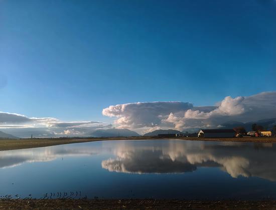 A serene rural landscape with a wide, calm body of water reflecting a vibrant blue sky and dramatic, billowing white clouds. The horizon features distant mountains softened by mist, while farmland stretches across the foreground and midground. Small farm buildings and a barn are situated on the right. The reflection in the water creates a mirror-like effect, doubling the sky and clouds for a striking visual. The scene is bathed in soft, natural light