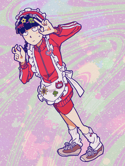 Mob wearing a "jersey maid" outfit, aka a red tracksuit with maid accessories. His hairpins are a star, Ekubo, a "???". 
The pins on his apron are a sunflower, a broccoli and a tulip nametag. He's making a peace sign with both hands. His expression is blank as ever, but the small blush on his cheeks betrays his embarrassment.