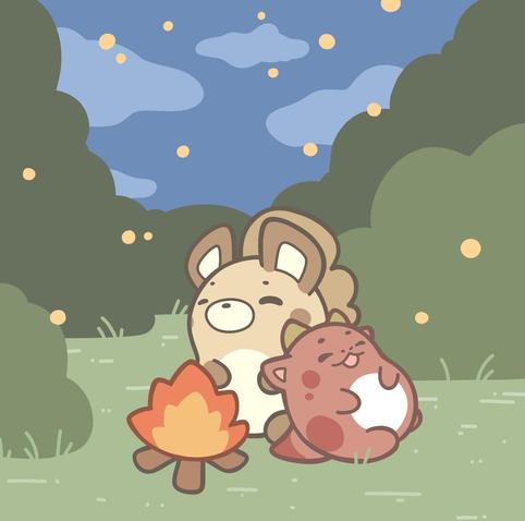 A stylised drawing featuring a little gnoll and red kobold sitting next to a campfire in the night, relaxing while fireflies surround them.