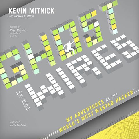 Image used for the audiobook cover of "Ghost In The Wires" by Kevin Mitnick.

Against a light grey background is the mostly white text,

KEVIN MITNICK
with WILLIAM L. SIMON
forward by
Steve Wozniac,
cofounder of
Apple Inc.
GHOST
in the
WIRES
unabridged
read by Ray Porter
MY ADVENTURES AS THE
WORLD'S MOST WANTED HACKER

The title text is presented as stacked cubes with the front face coloured various tones of yellow and green for "GHOST" and white for "WIRES".
A white silhouette of a man is depicted jumping through the "O".