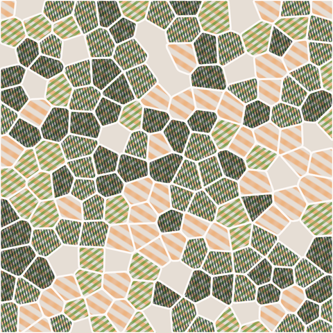 A code generated voronoi-based design. Cells have either 1, 2, 3 or 4 textures applied. Each texture is striped, has a unique color, angle, and a unique line width. Because of the unique angles one can notice the overlapping striped textures in many of the cells.

Some cells are missing. The background color visible through those is light gray.