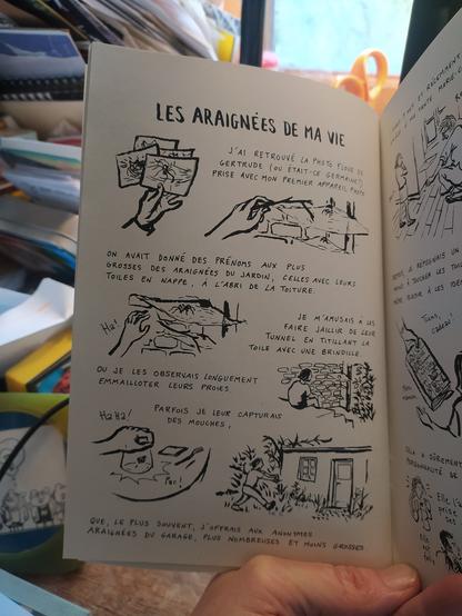 Page de BD " Les araignées de ma  vie" , souvenirs d'enfance dessinés en noir et blanc