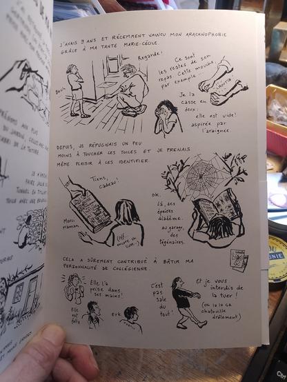 Page 2 de la BD " Les araignées de ma  vie" , souvenirs d'enfance dessinés en noir et blanc, quand je commence à avoir moins peur de prendre une araignée dans mes mains (merci Tata et le guide du promeneur dans la nature)