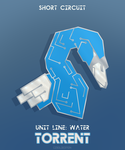 Design for an enamel pin of a blue printed circuit board in the likeness of a swan. Text on the image reads, "Short Circuit", "Unit Line: Water", "Torrent".