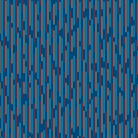 Vertical lines of different lengths in red, tan, and light blue, over a dark blue background.