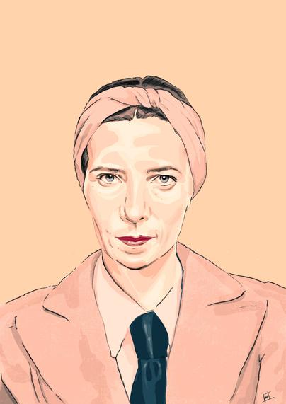 digital pencil & ink illustration of french writer, philosopher, activist & feminist, simone de beauvoir.
she drills holes into you with her eyes - though, not in a particularly aggressive fashion. her hair is pulled away from her face & secured with a scarf.
colours are pale peach, medium peach, crimson & french navy.