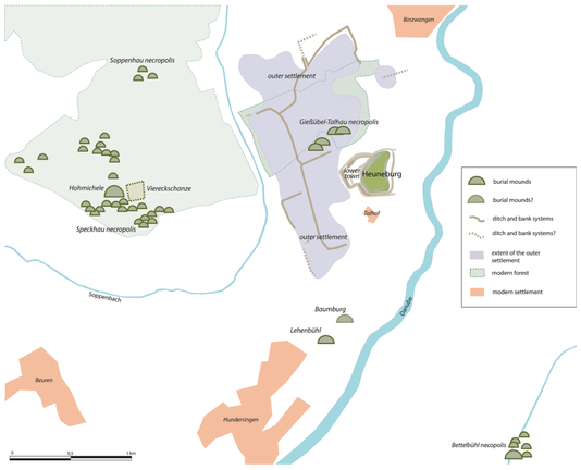 Map of the Heuneburg with the hilltop plateau, the lower town, the outer settlement and surrounding cemeteries (Landesamt für Denkmalpflege im Regierungspräsidium Stuttgart, I. Kretschmer, L. Hansen)
