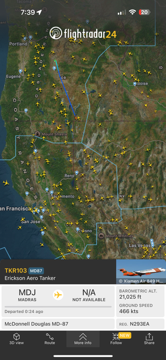Screenshot from FR24 an aero tanker pulled from storage at MDJ and heading to California