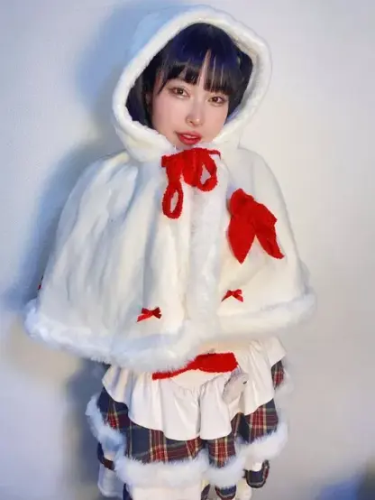 Menma in white fur, hood and cape. Red accents