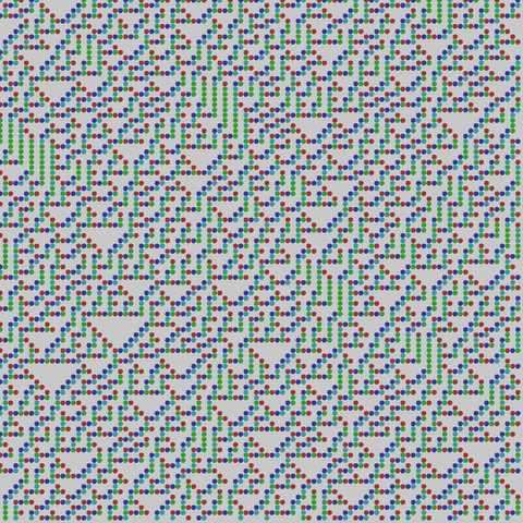 A colorful pattern of circles on a gray background based on Wolfram's cellular automata, rule 30.