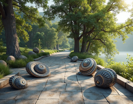 A series of round, metallic historical markers with enigmatic markings, placed on a paved canal trail in preparation for being distributed along the way. The path is lined with trees and greenery with sunlight filtering through the branches.