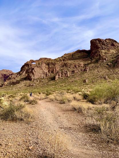 A brother and sister walk together along the desert trail, the partly sunny sky above them. The path winds toward distant mountains, where a hole in the rock marks the ridge near the summit. Surrounding them, the hills are dotted with low desert plants and a variety of cacti.
