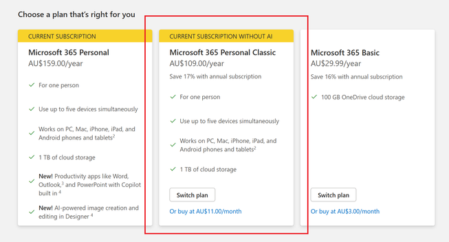 A screenshot from the Microsoft 365 subscription website, highlighting a "Current subscription without AI" option, which is A$109/year, instead of the $159/year option with Copilot and AI nonsense.