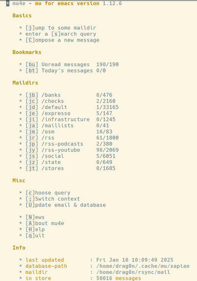 Main Emacs mu4e buffer with 50016 mails in all my maildirs.