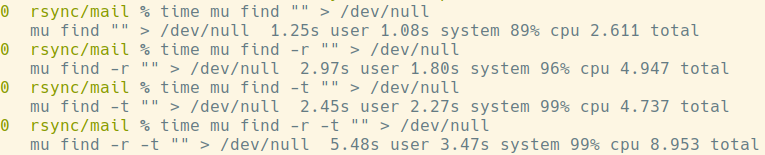 Test result of mu find speed. Plain results without any options: 1.25s. With "include related" enabled: 2.97s. With "show threads" enabled: 2.45s. With bot "include related" and "show threads" enabled: 5.48s!