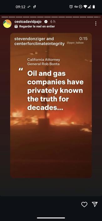 capture d'écran du compte instagram de David Pajo.
il y poste des info sur les incendies en Californie, où il a perdu sa maison.
et aussi une video avec ce texte extrait d'une déclaration de l'Attorney général de Californie (en 3 parties) 

Oil and cas compagnies have privately known the truth for decade...