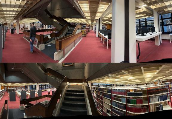 Zwei Panorama-Aufnahmen der Treppe zwischen Leseaal 1 und 2 der Stabi Hamburg