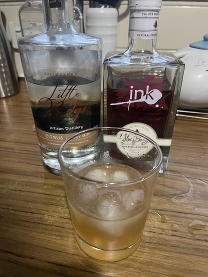 A slow Bramble sitting in front of a bottle of ink sloe gin and a dry citrus gin