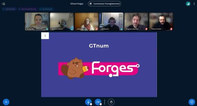 Image montrant une visio-conférence avec le logiciel Big Blue Button. On y voit différent⋅es intervenant⋅es et en gros le logo du projet GTnum Forges.