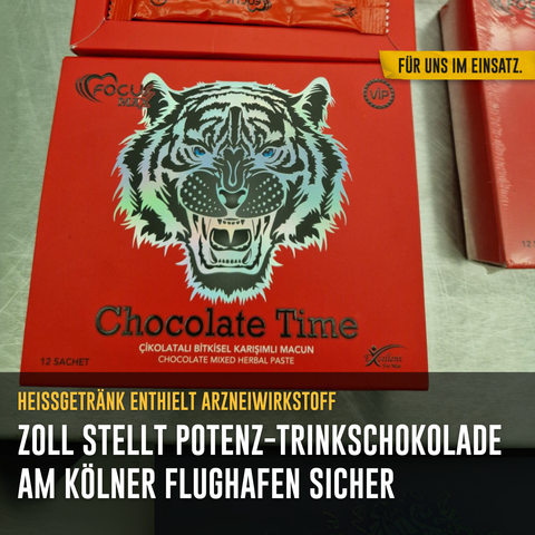 Foto: Sichergestellte Packung Potenz-Trinkschokolade (Karton mit Abbildung eines Tigerkopfs und Aufschrift). 
Text: Heißgetränk enthielt Arzneiwirkstoff - Zoll stellt Potenz-Trinkschokolade am Kölner Flughafen sicher