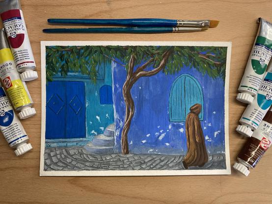 gouache painting of a little street in the blue city located in Morocco