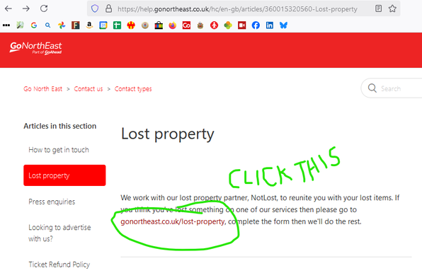 Screenshot of the Go North East bus company webpage about lost property. It contains the sentence "If you think you've lost something on one of our services then please go to gonortheast.co.uk/lost-property, complete the form then we'll do the rest." I have circled the the URL in that sentence in green, and scribbled "CLICK THIS" alongside.
