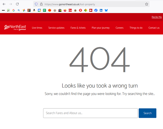 Screenshot of the page reached in the Go North East bus company web site when you click the lost property link from the previous screenshot. This page is their standard 404 Not Found page. The digits 404 are rendered in enormous type in the middle of the page.
