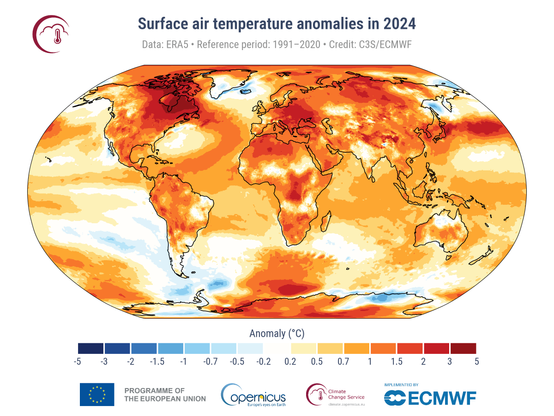 World map showing the surface air temperature anomalies in 2024 based on ERA5 data and with 1991–2020 as the reference period. Most land areas have seen between +1 to +5℃ temperature anomaly. Very few areas have negative anomalies, notably the Denmark Strait between Greenland and Iceland, the Sea of Okhotsk, sea areas between South America and Antarctica, and a coastal portion of East Antarctica.