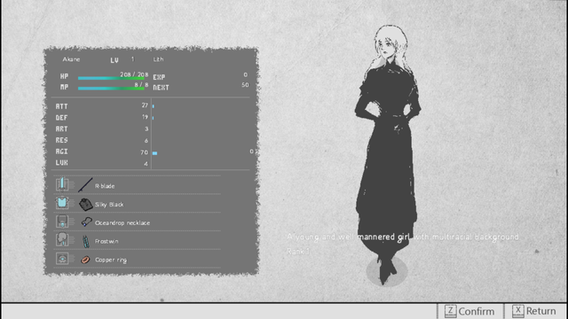 A screenshot of the Artis Impact demo's equipment screen, with a full-body, monochrome drawing of Akane and a list of her stats and equipment.