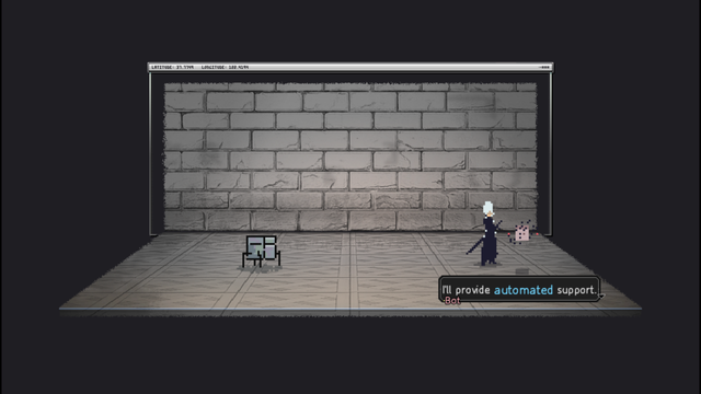 A screenshot of the Artis Impact demo's combat screen, where Akane wields her blade against a cute little box robot on legs, with assistance from her own robot companion.

For some reason, the background is rather detailed but grayscale brick wall. The texel/pixel sizes vary wildly in this game.
