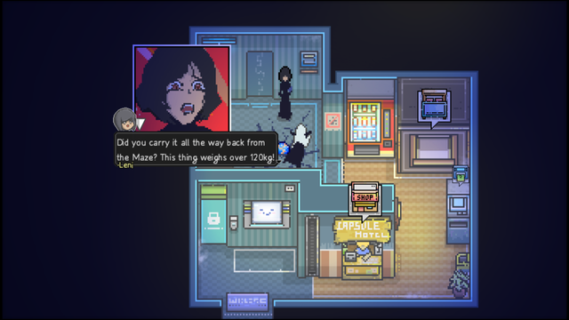 A screenshot of the Artis Impact demo, where Akane has just carried a 120 kg orb from a dungeon and dropped it on the floor at her employer's HQ... creating a dent and large cracks in said floor.

Her friend and coworker, Len, looks horrified and exclaims "Did you carry it all the way back from the Maze? This thing weighs over 120kg!"