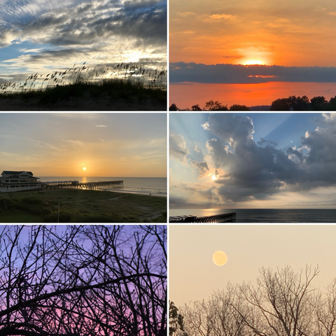 Six-photo layout: Top left - Sunset through clouds over silhouetted sea oats in sand dunes; Top right - Orange-hued sunset through a dark gray horizontal cloud band; Center left - Golden sunrise over a calm ocean and pier; Center right - Morning sunrise creating rays through clouds over a calm ocean and pier;  Bottom left - Sunrise in shades of purple and pink through hat branches;  Bottom right - Moonrise over bare trees