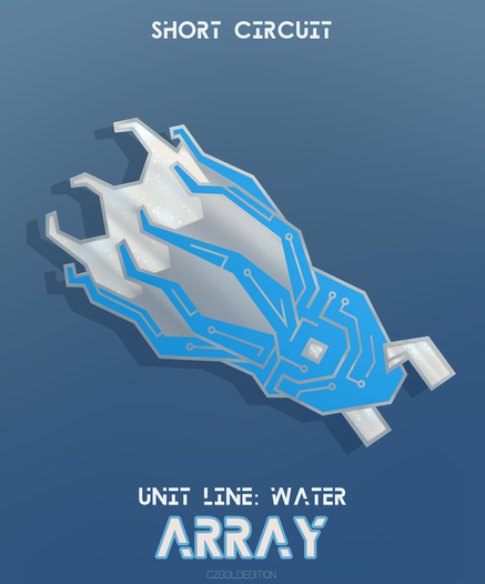 Design for an enamel pin of a blue printed circuit board in the form of a vampire squid. Text on the image reads, "Short Circuit", "Unit Line: Water", "Array".